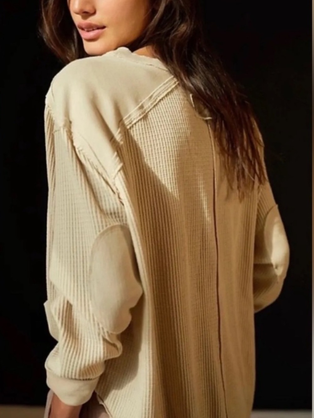 Free People We The Free Owen Thermal Knit Top Large Oversized Waffle Saw Hem - Picture 2 of 8
